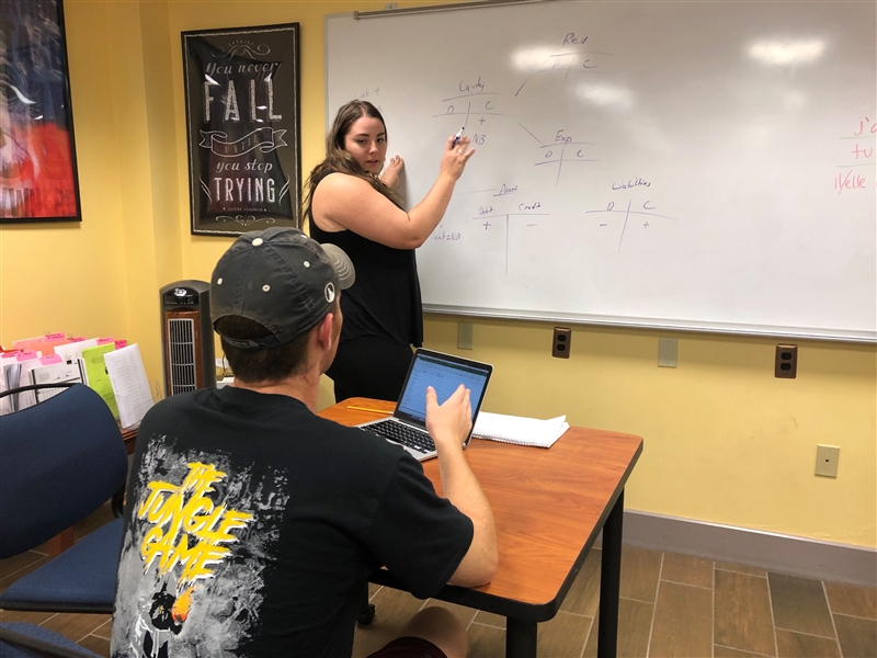 peer tutor explains a concept using a white board