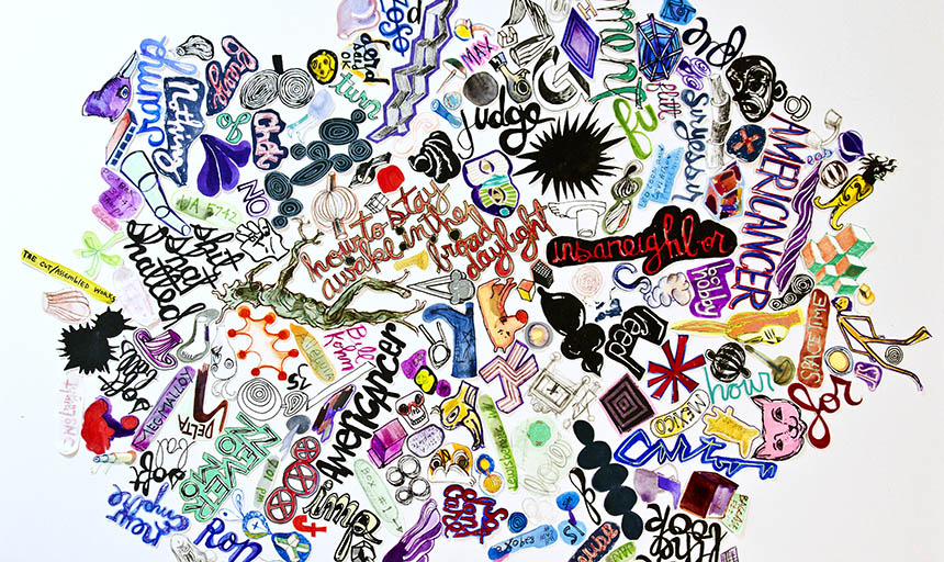 a collage of symbols, words, and drawings of random objects