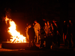 Students at a bonfire