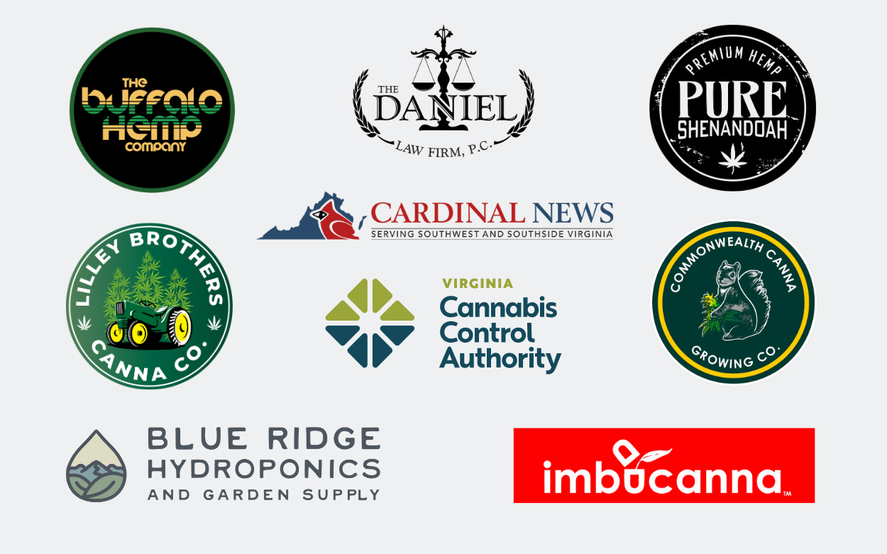 Cannabis Collaborator logos - Pure Shenandoah, Virginia Cannabis Control Authority, Commonwealth Canna Growing Co., imbucanna, The Buffalo Hemp Company, The Daniel Law Firm, P.C.