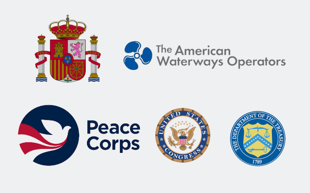 Logos for the US Department of Treasury, the Peace Corps, American Waterways Operators, Spanish Embassy and United States Congress