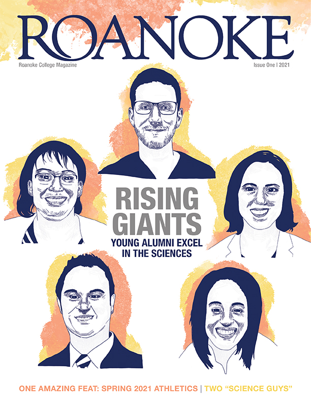 the cover of the first issue of roanoke college's 2021 magazine - features illustrations of alumni