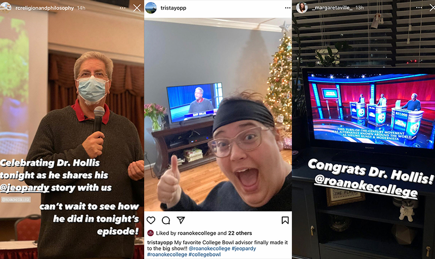 Collage of three social media posts congratulating Hollis on his 2021 Jeopardy appearance