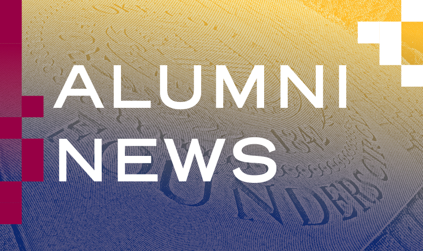 Maroon, blue and yellow graphic that says "Alumni News"