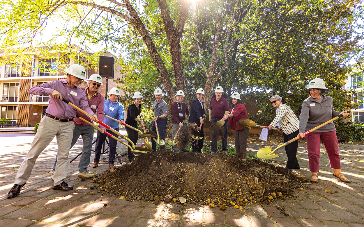 Roanoke College leaders wield golden shovels for a ceremonial groundbreaking