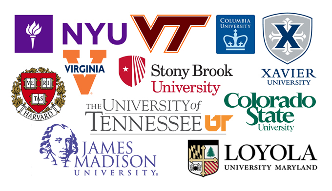 Logos of: NYU, Virginia Tech, Xavier University, Columbia University, Stony Brook University, Harvard, University of Tennessee, Loyola, Colorado State University, James Madison University, University of Virginia