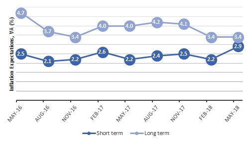 The figure is a time series graph of short- and long-term inflation expectations for the last two years.