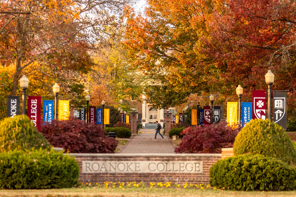 View of Heritage Walk leading to the Administration building with flags.