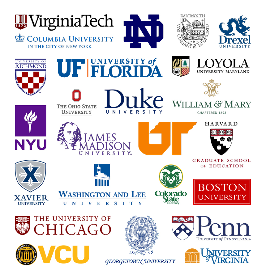 Logos of: Virginia Tech, Columbia University, Notre Dame, Dartmouth, Drexel, University of Richmond, Loyola, University of Florida, Ohio State, William & Mary, Duke University, NYU, James Madison University, Harvard, University of Tennessee, Xavier University, Washington & Lee Unviersity, Colorado State, Boston University, University of Chicago, University of Pennsylvania, Virginia Commonwealth University, University of Virginia, Georgetown University