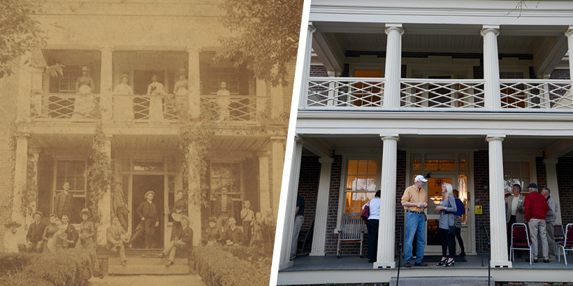A photo of the Monterey house in 1898 next to a photo of the monterey house in 2015