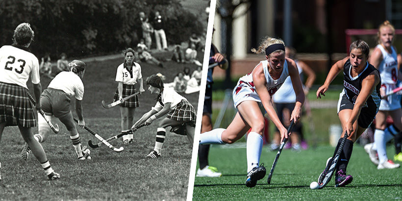 A photo of field hockey in the 1980s next to a photo of field hockey today