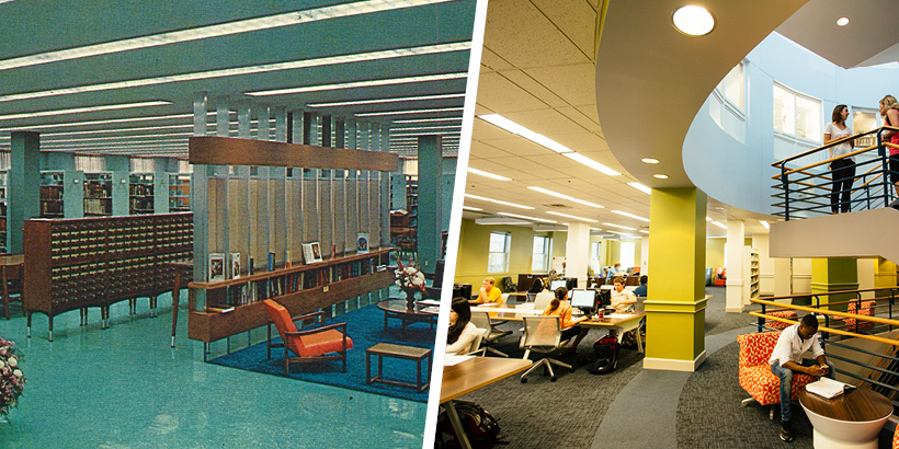A photo of the interior of the library in 1962 next to a photo of the interior of the library in 2014