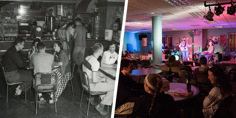 A photo of the cavern in 1947 next to a photo of the cavern today