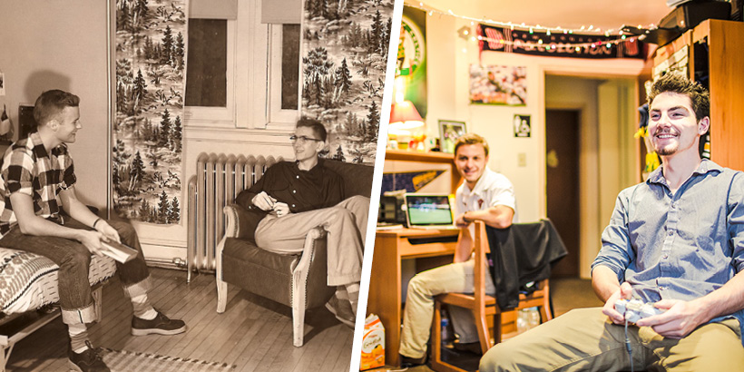 A photo of Dorm life in the 1950s next to a photo of dorm life today