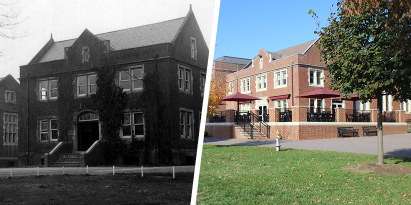 A photo of the Commons and Lab-Theater in the 1930s next to a photo of the Commons