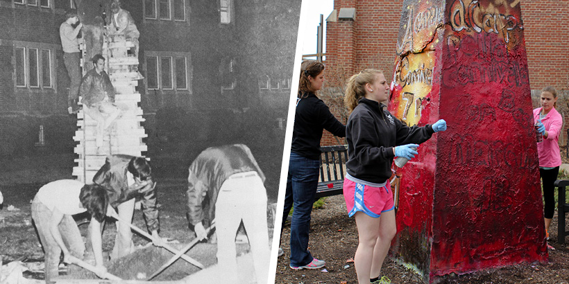 A photo of the monument in 1970 next to a photo of the monument today