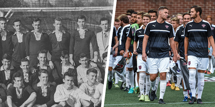 A photo of the men's soccer team in the 1940s or 50s next to a photo of the men's soccer team in 2016