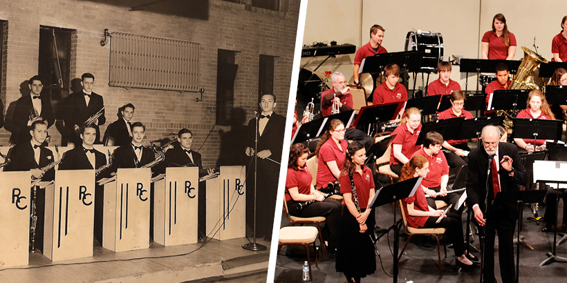 A photo of the collegians orchestra in 1941 next to a photo of the jazz and wind ensemble in 2016