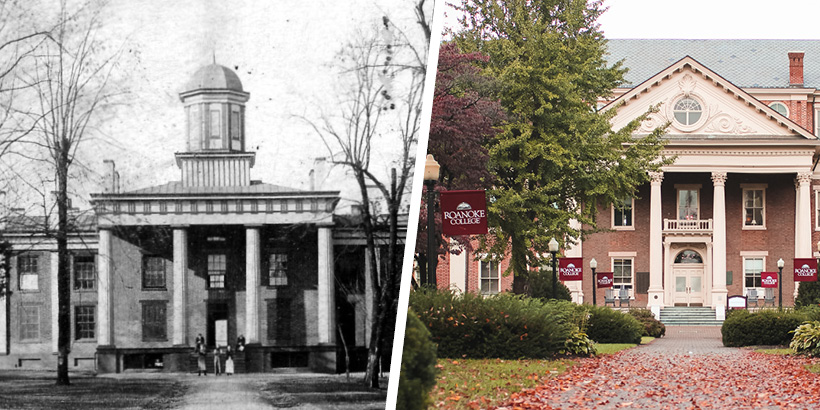 A photo of the administration building in the 1890s next to a photo of the administration building now