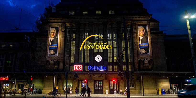 A large building lit up at night