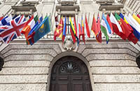 image of building with many national flags 