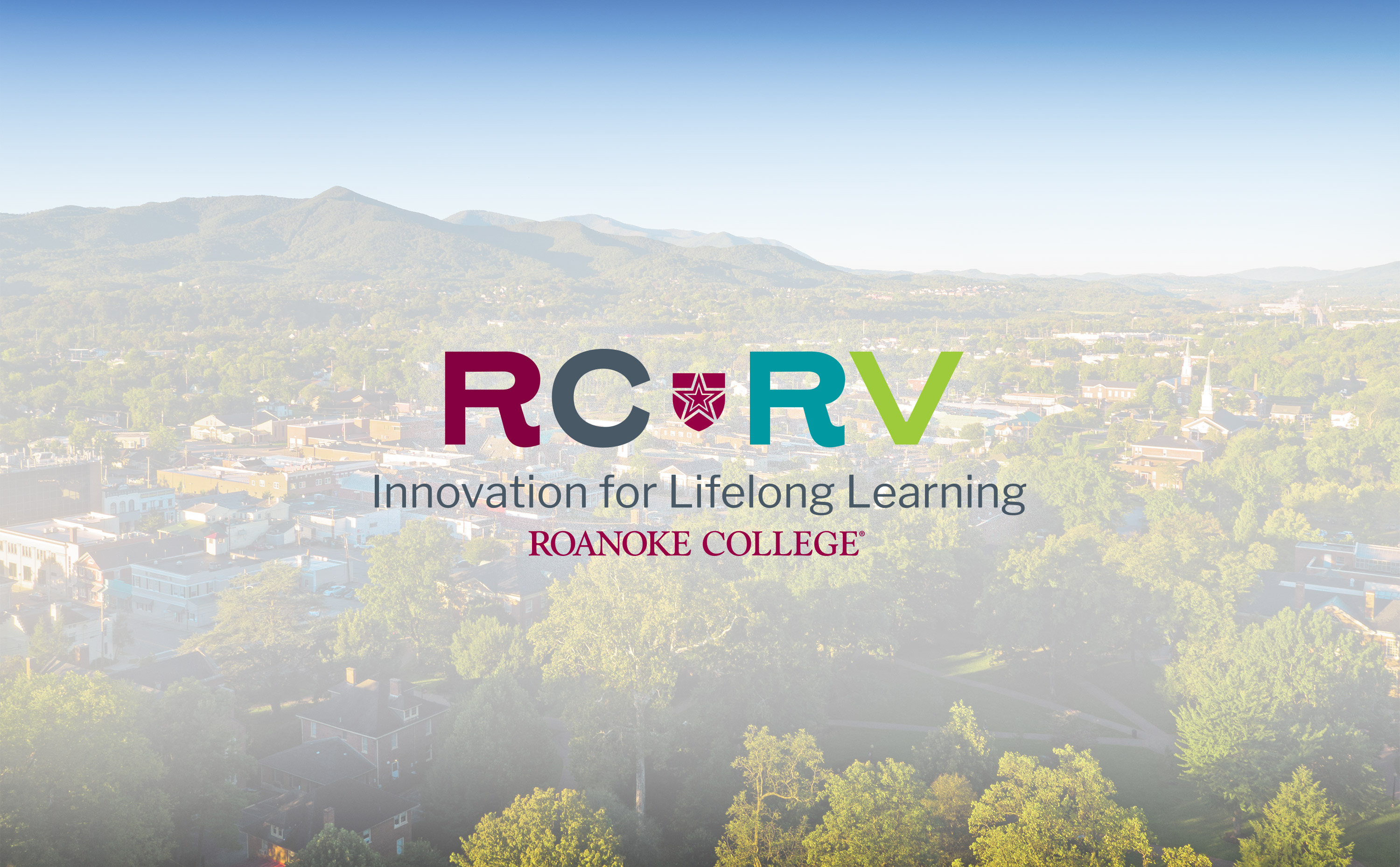 Aerial shot of Roanoke College and Salem with RC-RV logo on top with the text "Innovation for Lifelong Learning Roanoke College"