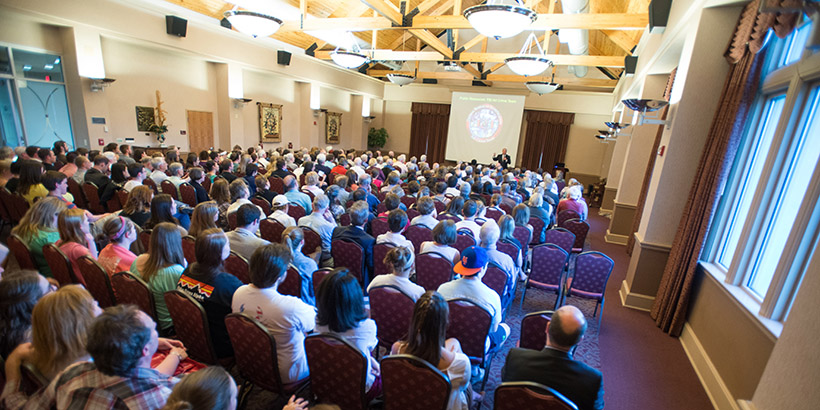 Students gather in the ballroom in the colket center