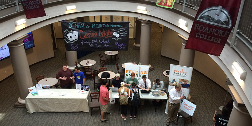 Looking down at the first floor from the second floor of the colket center