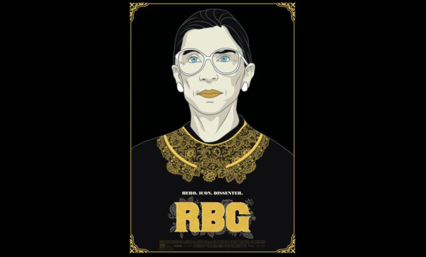 RBG Film Cover. A drawing of Ruth Bader Ginsburg and the text "RBG" below it in yellow font