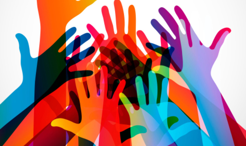 a graphic of rainbow colored hands all reaching out with outstretched fingers
