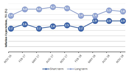 The figure is a time series graph of short- and long-term inflation expectations for the last two years.