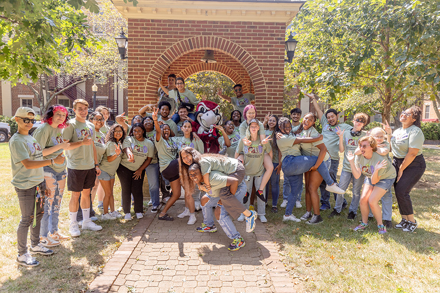 A group of students in identical green t-shirts stand on the stairs in front of a brick wall that bears the Roanoke College seal, in blue and yellow on a white background.