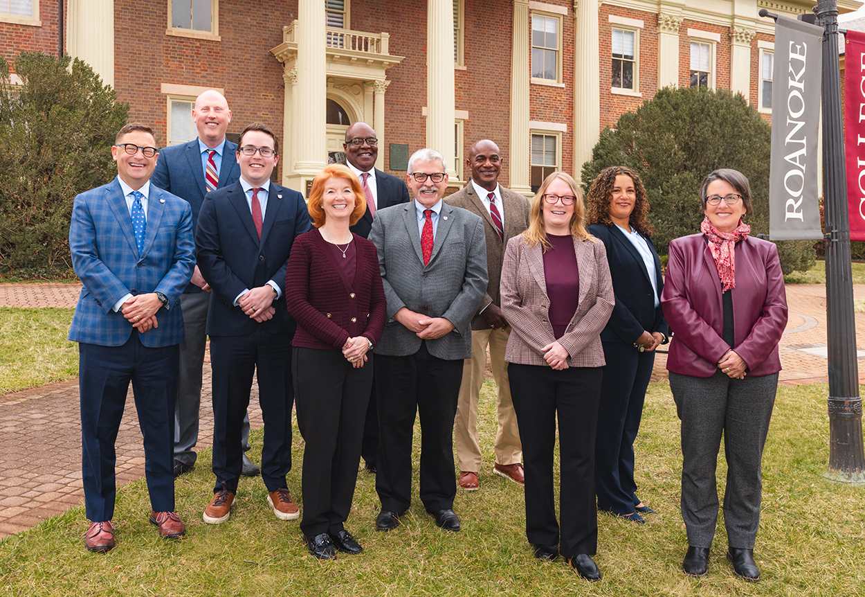 Cabinet members at Roanoke College in 2026 in front of the Admin building