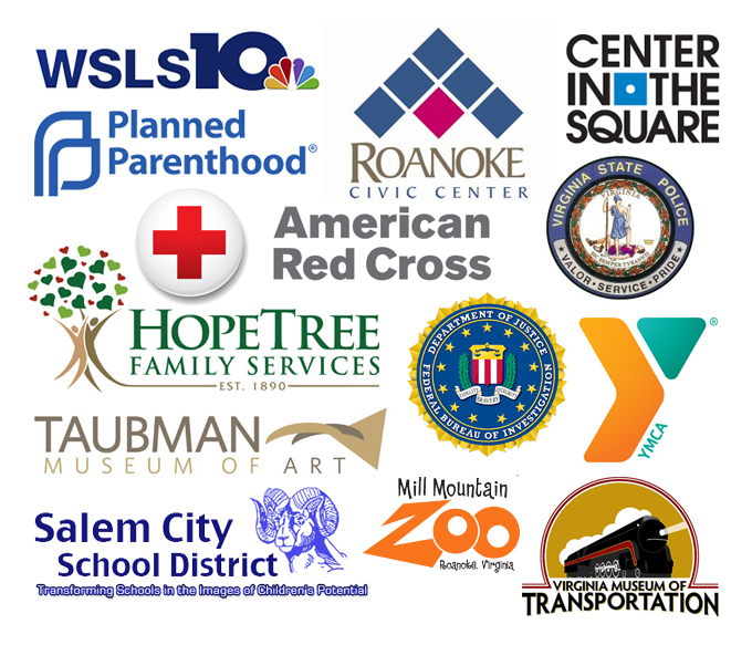 Logos of: WSLS10, Roanoke Civic Center, Planned Parenthood, Center in the Square, Red Cross, HopeTree Family Services, Virginia State Police, FBI, YMCA, Salem City School District, Taubman Museum of Art, Mill Mountain Zoo, and Virginia Museum of Transportation