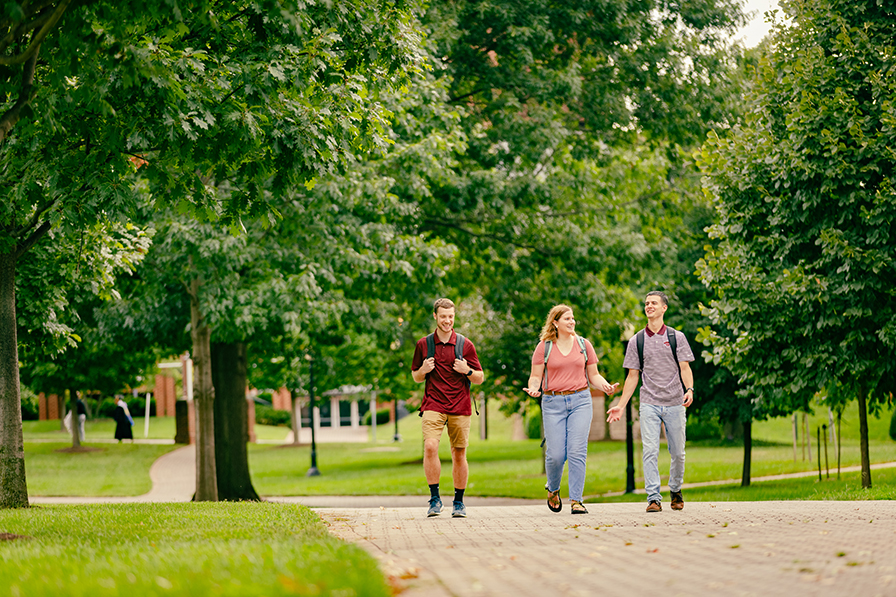 three students walk on brick pathway