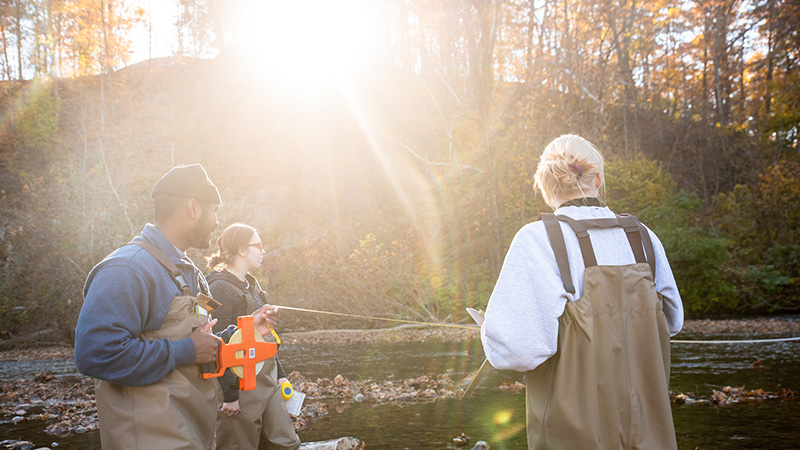 Students in waders carry out research in a river