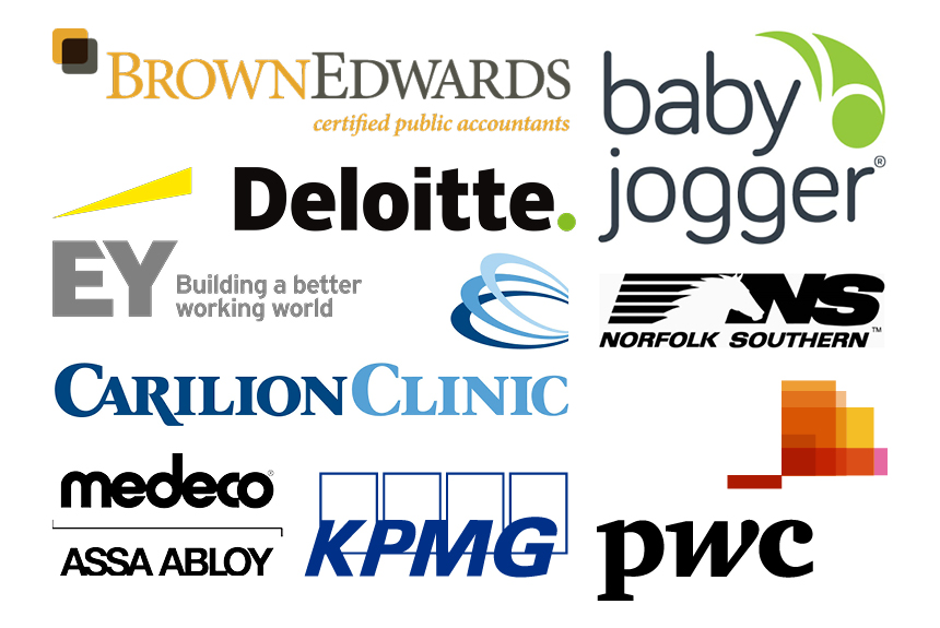 A composite of the logos of PWC, Deloitte, EY, KPMG, Norfolk Southern, CBIZ, Brown Edwards, Carilion Clinic, Baby Jogger, and medeco