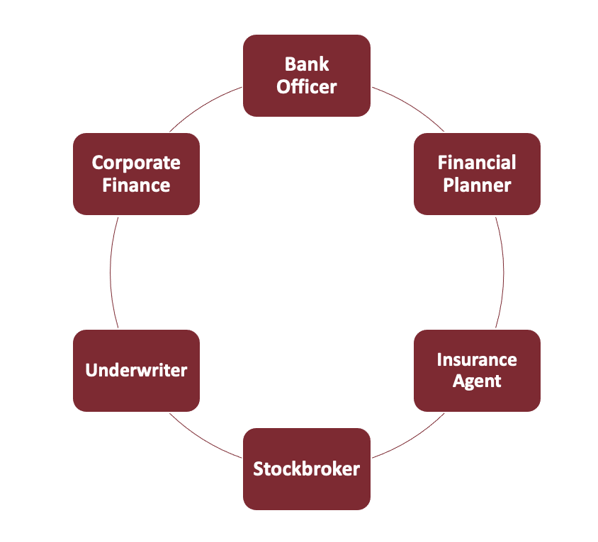 A circle with boxes on it labeled bank officer, financial planner, insurance agent, stockbroker, underwriter, and corporate finance