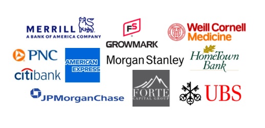 Logos of: Merrill, PNC, CitiBank, JP Morgan Chase, Growmark, Morgan Stanley, Weill Cornell Medicine, Hometown Bank, UBS, and Forte Capital Group