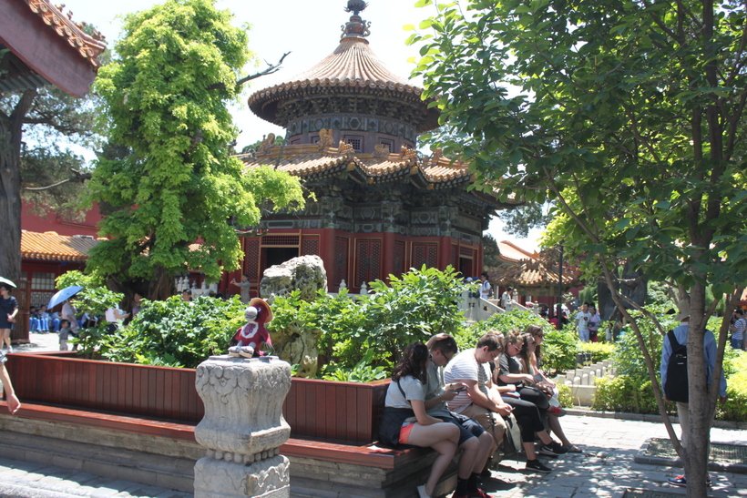 Students relaxing in a temple in China