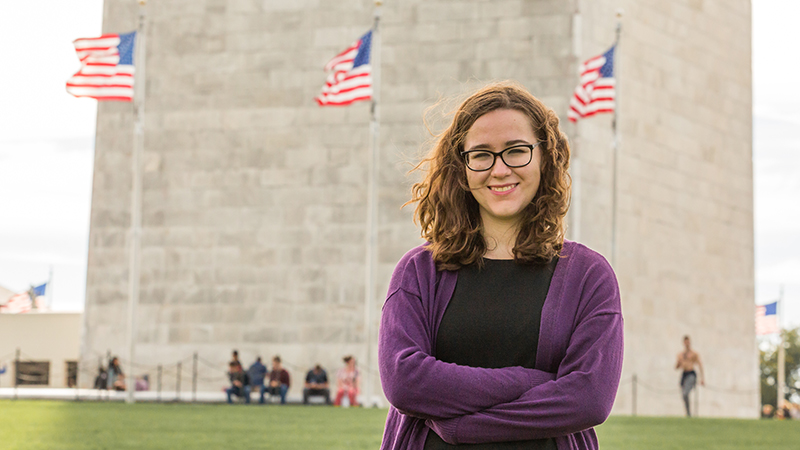 student in front of washington monument in DC