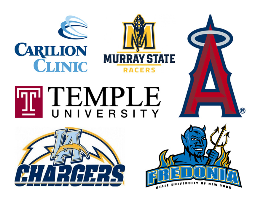 Logos of: Carilion Clinic, Murray State Racers, Los Angeles Angels, Temple University, LA Chargers, Fredonia