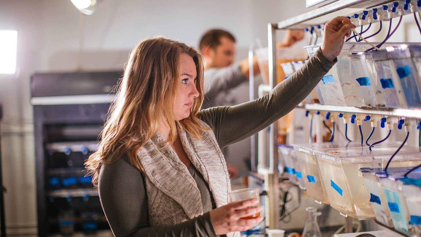 student using lab equipment