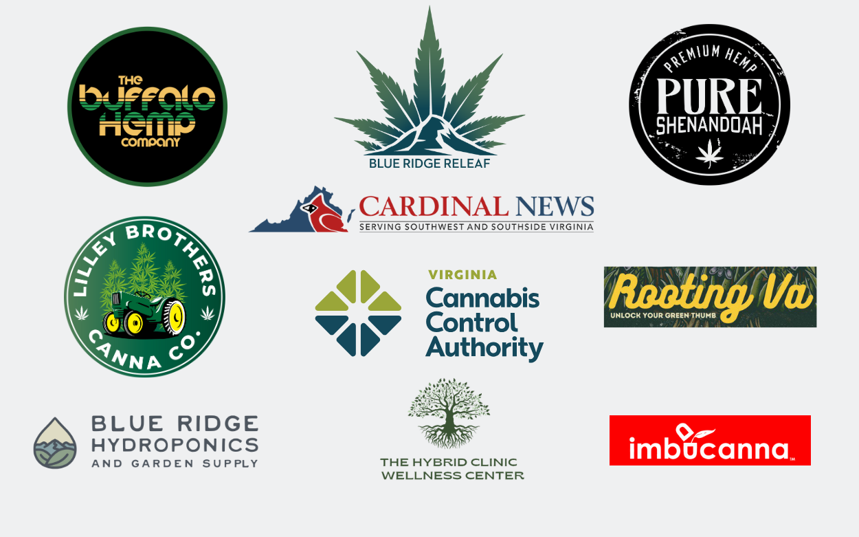 Cannabis Collaborator logos - Pure Shenandoah, Virginia Cannabis Control Authority, Commonwealth Canna Growing Co., imbucanna, The Buffalo Hemp Company, The Daniel Law Firm, P.C.