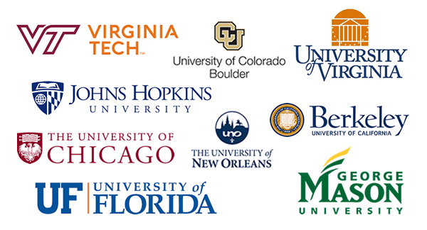 Logos for the universities of: Virginia Tech, John Hopkins, Chicago, Colorado Boulder, Florida, George Mason, Virginia, Berkeley, and New Orleans