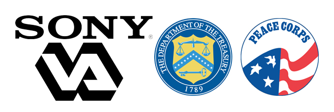 Logos for the US Department of Treasury, the Peace Corps, and SONY