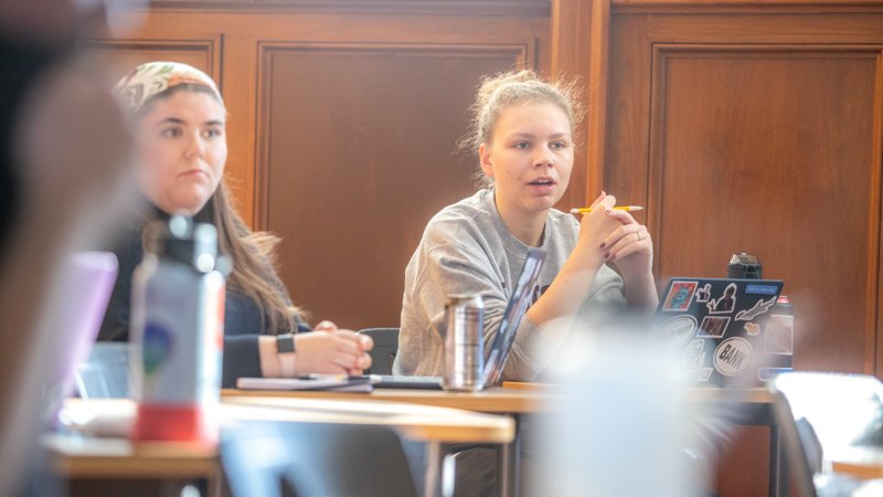 Tess Harrington '24 and Ellie Roberts '24  in a classroom