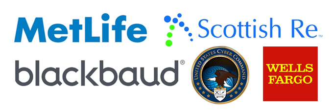 Logos of MetLife, Scottish Re, blackbaud, U.S. Cyber Command and Wells Fargo