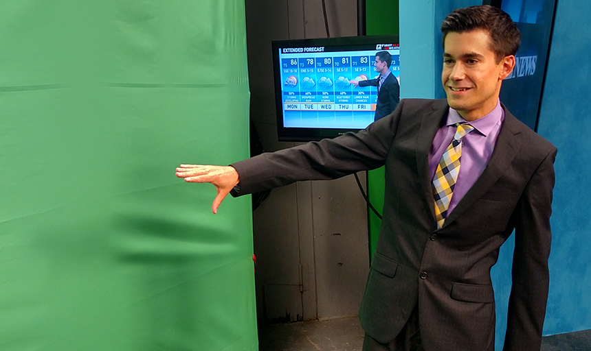 David Wolter uses a green screen in his work as a broadcast meterologist