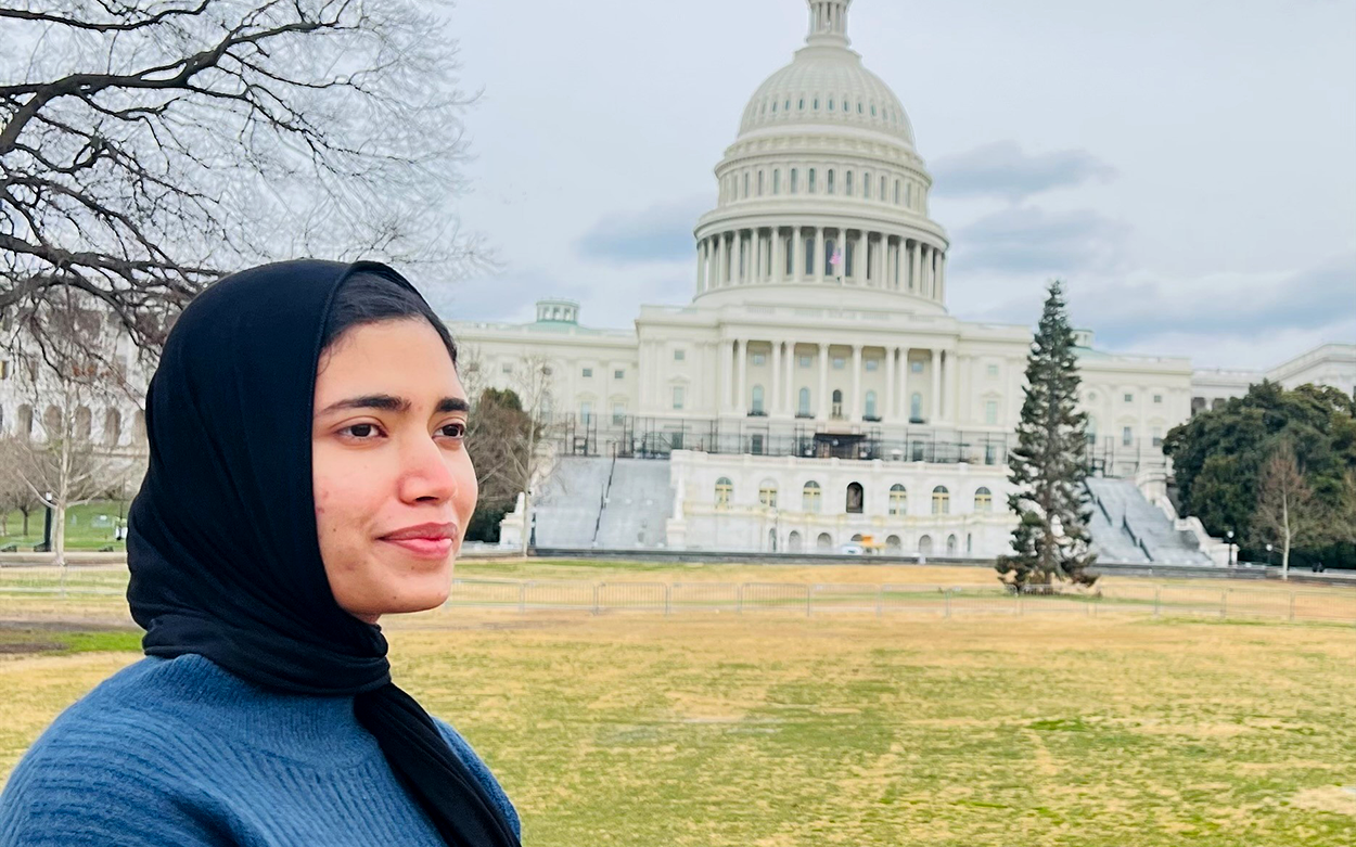 Fariha Sehar '23 standing outside the Capitol Building in Washington DC